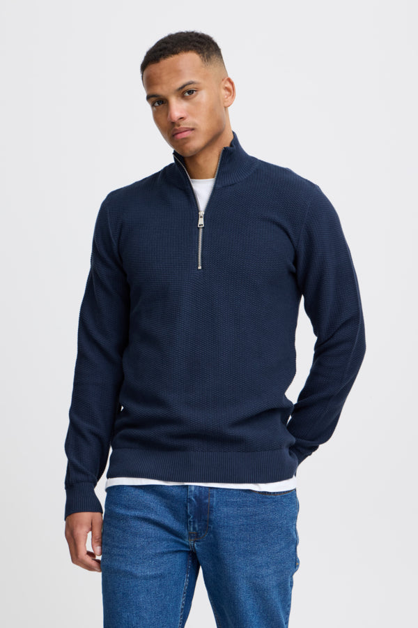 KNITTED ZIP-PULLOVER BLÅ
